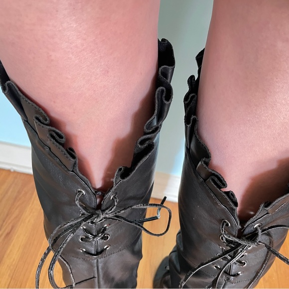 Black leather thigh high over knee ruffle tall boots otk boho club heels - Picture 8 of 16